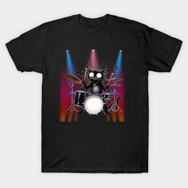 Funny Cat Percussion Drummer Drumming Drums T-Shirt by Positive Designer